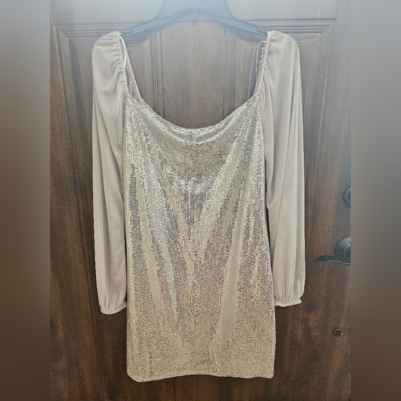 NWOT BEBE Silver Sequin Dress with Sheer Sleeves - Picture 2 of 11